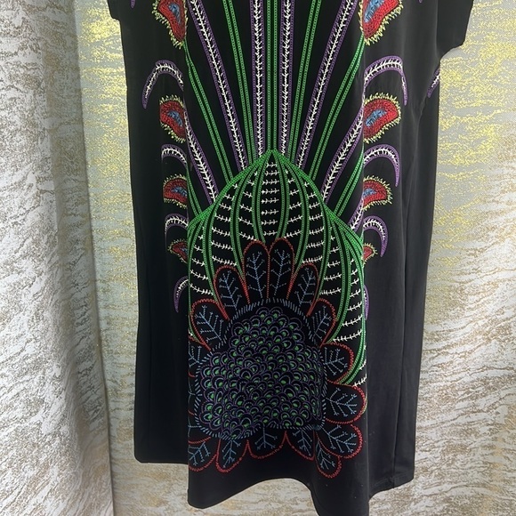 Papillon Black Peacock Feather Print Loose FitDress/Beach Cover Up Size XS - Picture 5 of 13